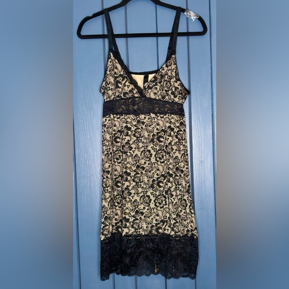 Floral Chemise Nightie L XL Beige Black Slip Dress Whimsigoth Dark Romance